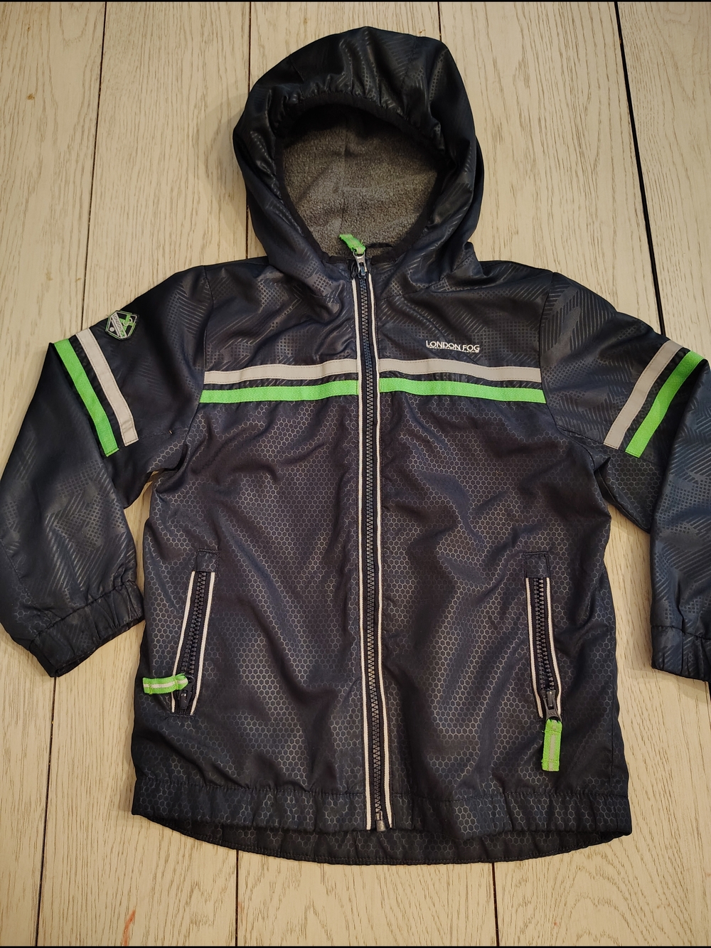 London Fog Navy Hooded Windbreaker with Lime Green Accents
